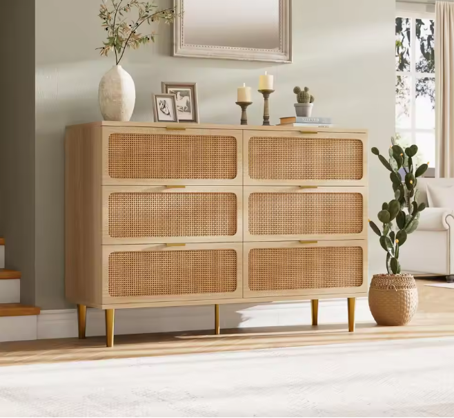  6-Drawer Rattan Dresser, Natural Hand-Woven Rattan & Wood Large Storage Dresser With Deep Drawers For Bedroom Living Room