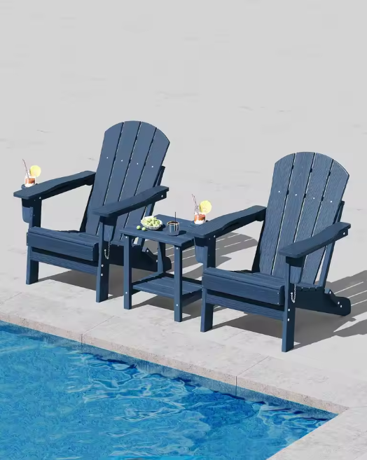 Folding Adirondack Chair With Cup Holder, All-Weather HDPE Patio Chair, Wood Textured 380lb Deck & Garden Chair