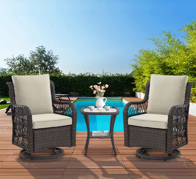 3-Piece Wicker Swivel Rocking Patio Set, 2 Chairs & Glass Table, Rattan Outdoor Furniture With Cushions For Patio Porch Backyard