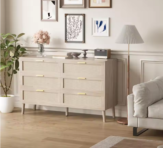  47.2" Rattan 6 Drawer Dresser Mid Century Modern Chest Of Drawers With Gold Handles Large Storage Dresser For Bedroom Entryway