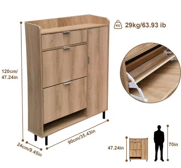 Shoe Storage Cabinet With Flip Drawers, Freestanding Narrow Entryway Shoe Organizer With Adjustable Shelves, Modern Wave Pattern
