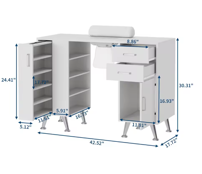 42.5" Electric Manicure Table With Dust Collector, Storage Cabinet, Drawers & Shelves, Nail Salon Workstation & Vanity Desk